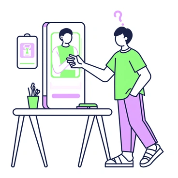 A person is standing in a well-lit room, holding a smartphone at eye level. The smartphone displays a digital version of the same person, rendered in a vibrant, animated style. The digital figure mirrors the person's pose, extending its hand towards the real person's hand in a handshake gesture. The real person is wearing casual clothing and has an expression of interest. A simple table is in the background, with a few everyday items scattered on it, adding a sense of domesticity to the scene.