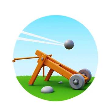 A medieval catapult made of wooden beams and ropes. The catapult is in the process of launching a large, round stone projectile into the air. The stone is mid-flight, with motion lines indicating velocity. The background features a grassy landscape with a clear blue sky. The catapult's base is sturdy, with wheels for mobility. A few scattered stones and debris lie around the area, hinting at previous launches.