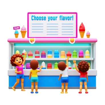 A colorful ice cream parlor filled with various flavors displayed in glass cases. Several children, wearing bright summer clothes, are joyfully pointing at different ice cream flavors. One child has curly hair and is holding a cone, while another child is looking up excitedly at the large menu board above. The walls of the parlor are painted in pastel colors, and there are playful decorations, such as ice cream cones and sprinkles, adding to the festive atmosphere. "Choose your flavor!" signs are prominently placed around the shop.