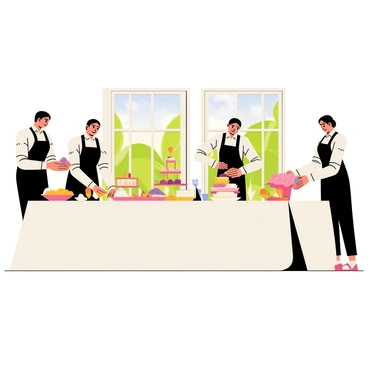 A catering team wearing crisp white uniforms and black aprons is arranging a long table at a stylish venue. The table is covered with a pristine white tablecloth and adorned with elegant centerpieces featuring fresh flowers in shades of pink and white. The team members are carefully placing various dishes on the table, including platters of colorful fruits, salads, and a tiered cake. Soft lighting enhances the sophisticated atmosphere of the venue, highlighting the gleaming silverware and sparkling glassware. In the background, large windows reveal a view of a lush garden, adding to the luxurious ambiance of the setting.