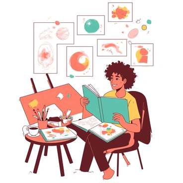 An orange artist with curly hair is sitting in a cozy studio filled with various art supplies. Around the artist, there are numerous floating sketches showcasing different shapes and concepts. The sketches are translucent and have a white background that makes them appear vibrant and lively. The artist is holding a teal sketchbook, flipping through pages filled with colorful drawings. A small table next to the artist features paintbrushes, paints, and a coffee cup, adding to the creative atmosphere. The artist looks inspired and focused, gazing at the ideas swirling in the air.