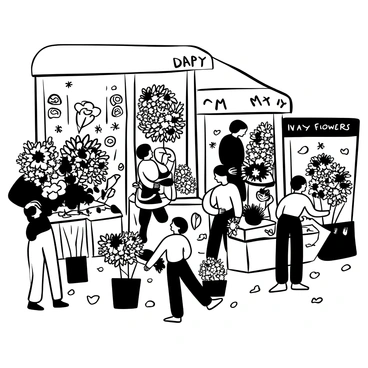 A bustling flower market with numerous stalls, each overflowing with bouquets of "May flowers." The stalls are artistically arranged, showcasing various types of flowers, including daisies, peonies, and tulips. Vendors are busy interacting with customers, some carefully wrapping up a bouquet while others are filling orders. There are decorative signs displaying prices, and the ground is adorned with scattered petals. The atmosphere is lively, filled with the activity of shoppers exploring the vibrant displays.