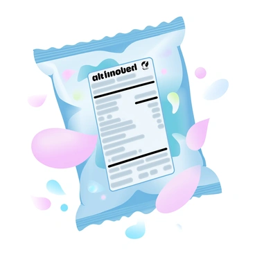 A close-up view of a food package prominently featuring the "nutritional information" panel. The package has a glossy surface with vibrant colors and eye-catching graphics related to the food inside. In the top corner, the "expiration date" is clearly printed in bold text. The package is slightly crumpled, adding texture to the image. Surrounding the package are a few scattered ingredients related to the food item, enhancing the context of the product.