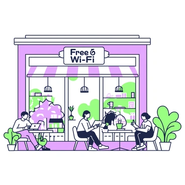 A modern cafe with large glass windows is filled with natural light. In front of the cafe, there is a prominently displayed sign that reads "Free Wi-Fi" in bold letters. Several small round tables are arranged outside, where tech-savvy customers are seated with laptops and tablets. Some customers are engaged in conversation, while others are focused on their screens. Potted plants are placed on the tables, adding a touch of greenery to the scene. Inside, there are shelves lined with books and a counter displaying various pastries and coffee options, creating a welcoming atmosphere.