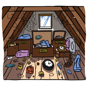 An attic with wooden beams and slanted ceilings is filled with thick cobwebs hanging in the corners. In the center, there are several dusty trunks, some open revealing old clothes and vintage items. Scattered around the trunks, there are various forgotten treasures such as an antique clock, a faded photograph in a frame, and a rusty toy. Sunlight streams in through a small, grimy window, casting soft shadows across the dusty floorboards. The atmosphere suggests a long-abandoned space rich with stories and memories.