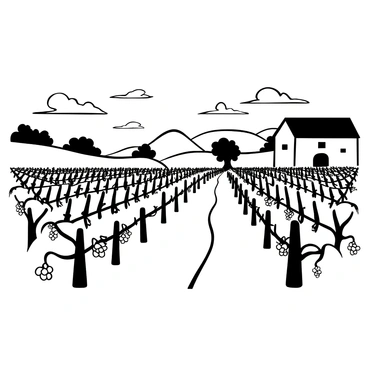 A peaceful vineyard at sunset, with rows of grapevines extending into the distance. The sky is filled with soft hues transitioning between shades. Silhouetted hills frame the vineyard, and a barn is visible in the background. There are trellises supporting vines, and clusters of grapes hanging from the plants. The ground is covered with a neat pathway winding through the vineyard. A gentle breeze rustles the leaves, creating a quiet atmosphere.