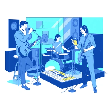 A blue band is gathered in a recording studio, surrounded by various sound equipment and microphones. The lead singer, holding a microphone, is passionately singing while the guitarist, playing an electric guitar, sits on a stool beside him. A drummer is in the background, focused on his drum kit, which is positioned near an array of colorful sound equipment. The studio walls are adorned with acoustic panels, and there are large speakers placed strategically around the room. A yellow mixing console is visible, covered with knobs and sliders, showing the band’s dedication to their craft.