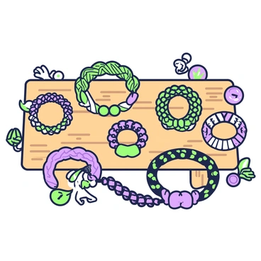 A wooden table serves as the setting for a series of vintage-style friendship bracelets. The bracelets are intricately woven with various patterns and textures, showcasing an array of colors. Each bracelet is laid out neatly, allowing for the unique designs to be appreciated. Some bracelets feature beads and charms, adding a distinct touch to their appearance. The wood of the table has a warm finish, with visible grain patterns enhancing the rustic look. The lighting casts gentle shadows, highlighting the craftsmanship of each bracelet.