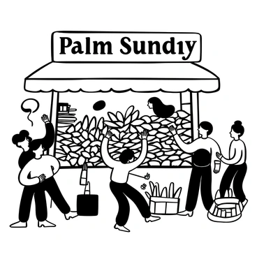 A busy market stall filled with multiple bundles of palm leaves stacked neatly. The stall is surrounded by various shoppers reaching out to inspect the leaves. There are additional items displayed, such as small baskets and handmade crafts. The atmosphere is lively with people chatting and exchanging goods. "Palm Sunday" is boldly displayed above the stall in decorative lettering.