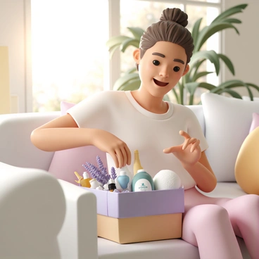 A person, wearing comfortable loungewear, is sitting on a cozy sofa in their living room. They have an excited expression as they open a beautifully wrapped gift basket. The basket is filled with various spa essentials, including a lavender-scented candle, a soft white towel, essential oils, and a bottle of bubble bath. Sunlight streams in through a nearby window, illuminating the scene and enhancing the warm, inviting atmosphere of the home.