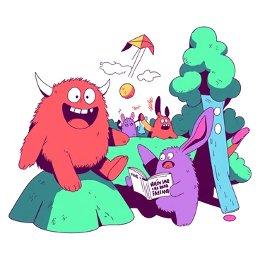 Friendly monsters hanging out together in a comic-style monster world