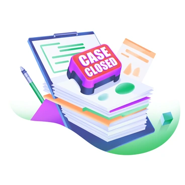 A stack of various documents stacked neatly on a flat surface. On top of the stack is a large red stamp with the words "CASE CLOSED" prominently displayed in bold, white letters. The documents vary in size and color, with some showing graphs and others containing text. The background features subtle hints of office supplies like a pen and a notepad, adding context to the setting.