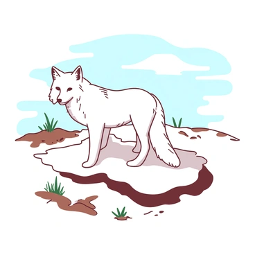 A white Arctic fox is standing on a patch of snow in a snowy landscape. The fox has a fluffy tail and alert ears, looking curiously at its surroundings. In the background, there are melting patches of snow revealing the brown earth underneath. There are clusters of green grass peeking through the melting snow, indicating the onset of spring. The sky above is a soft gradient of pale blue and white, suggesting a bright day.