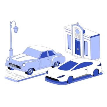A street corner with a vintage car parked next to a sleek electric vehicle