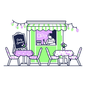A small café with a charming outdoor seating area. There are several tables, each covered with a tablecloth featuring a different pattern. On each table, there is a small vase holding a bouquet of flowers. In the background, there are hanging fairy lights strung above the seating, casting a warm glow. A chalkboard menu stands near the entrance, displaying "Daily Specials" in neat handwriting. A barista can be seen behind the counter preparing drinks.