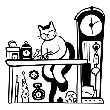 A cat with a detailed striped pattern is sitting at a wooden workbench, focused on assembling a pocket watch. The cat is wearing a small pair of spectacles perched on its nose. Various timepieces, including vintage clocks and intricate wristwatches, are scattered around the bench. Tools such as screwdrivers and magnifying glasses lay nearby, along with a few gears and springs. A large grandfather clock stands in the background, adding to the scene.