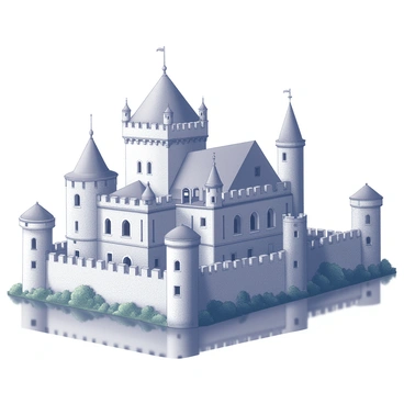 A grand historic castle with high turrets and intricate stonework. The castle has multiple levels, featuring arched windows and battlements along the rooftop. Surrounding the castle is a wide moat that is calm and smooth, perfectly reflecting the impressive structure above. Lush greenery borders the water's edge, contributing to the scene's elegance. The overall composition captures the magnitude and architectural details of the castle, creating a majestic visual.