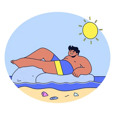A giant relaxing on a sunny beach, using a large rock as a beach chair