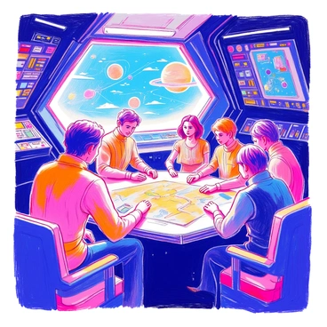 A secret mission briefing is taking place inside the dimly lit cabin of the Millennium Falcon. A holographic star map is projected in the center of the room, displaying various planets and routes. Several individuals are gathered around a table, focusing on the map, with serious expressions on their faces. The cabin is filled with intricate controls, switches, and screens. Soft glows from the control panels create shadows across the faces of the participants. The cockpit can be partially seen in the background, showcasing the iconic cockpit design with various instruments and displays. The atmosphere is tense and focused, with everyone attentively engaged in the discussion.
