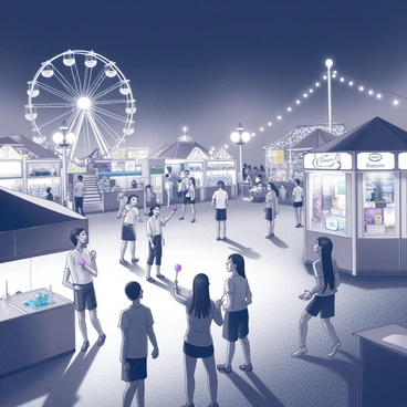 A lively carnival scene at night filled with various amusement rides. Bright lights illuminate the area, creating a festive atmosphere. Groups of people, including children and adults, are laughing and smiling as they enjoy different rides such as a ferris wheel and roller coaster. Some people are holding colorful food like cotton candy and popcorn. Stalls with games are set up around the perimeter, with people participating in ring toss and dart games. The sky above is dark, providing a stark contrast to the glimmering lights of the carnival.