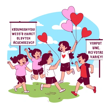 A group of children is playing joyfully, each holding colorful heart-shaped balloons in their hands. Some of the balloons are red, while others are pink. The children are laughing and running around a grassy area, with a few balloons floating up into the blue sky. In the background, there are banners displaying messages of support for congenital heart disease awareness. The atmosphere is lively, and the sun is shining brightly, casting soft shadows on the ground.