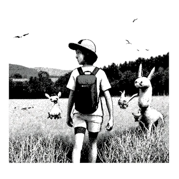 A Pokémon trainer with a hat and a backpack is walking through a sunny countryside. The trainer has short hair and is wearing casual clothing suitable for outdoor exploration. In the fields, there are various Pokémon peeking out from behind tall grass and wildflowers. Some Pokémon are small and playful, while others are larger and more majestic, each exhibiting distinct characteristics. The landscape features rolling hills, dotted with trees, and a bright sky overhead. Birds can be seen flying in the distance, adding to the rural charm of the setting.