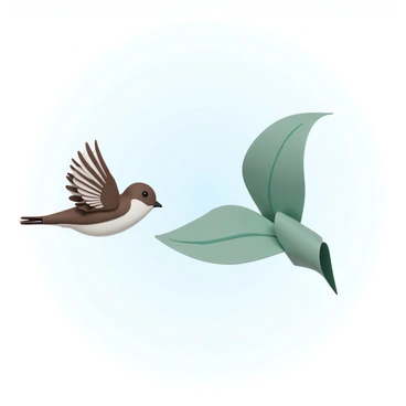 A small sparrow with brown and white feathers is flying gracefully in the air. Its wings are outstretched, showing intricate feather patterns as it flaps gently. Next to the sparrow, there is a paper glider shaped like a green leaf. The glider features detailed leaf veins and a slightly curled edge, soaring through the sky alongside the bird. The background shows a clear blue sky, enhancing the sense of height and freedom in the scene.