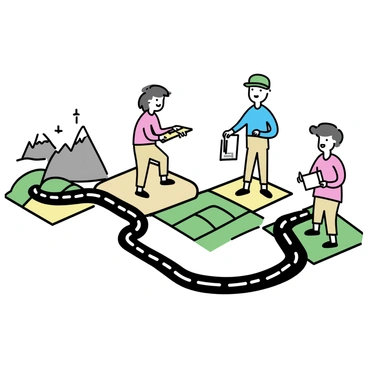 A group of settlers, consisting of three individuals, is constructing a winding road across multiple terrain tiles in Catan. One settler, wearing a green cap and holding a wooden plank, is placing the road on a tile depicting lush green pastures. Another settler, dressed in a blue shirt and beige trousers, is standing on a tile with a rocky mountain, looking at a map. The third settler, in a red jacket, is nearby on a sand tile, holding a tool and preparing to assist with the road building. The scene captures the diverse terrain, including hills, forests, and fields, as the settlers collaborate on their project.