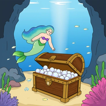 A colorful mermaid with long flowing hair in shades of blue and green is exploring an underwater cavern. She has a glittering tail that transitions from turquoise to deep sea blue. The cavern is illuminated by soft beams of light filtering through the water. In front of her is an ornate treasure chest made of aged wood and adorned with intricate carvings. The chest is slightly open, revealing a bounty of shimmering pearls in various sizes, reflecting light in iridescent hues. Surrounding the chest are small coral formations and schools of tiny fish swimming curiously around the scene.