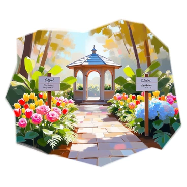 A vintage botanical garden filled with a variety of plants and flowers, each meticulously labeled for identification. The garden features winding pathways bordered by vibrant blooms in an array of colors, including red roses, yellow tulips, and blue hydrangeas. Large green leaves of tropical plants provide a lush backdrop, while delicate ferns cascade alongside the paths. Wooden signposts are placed throughout the garden, each displaying the names of different species in elegant script. A quaint gazebo stands at the center, surrounded by flowering bushes, offering a perfect view of the surroundings. The sunlight filters through the trees, casting dappled shadows on the ground.