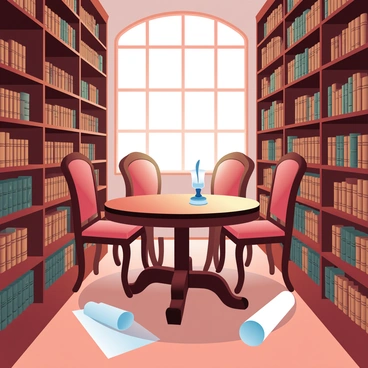 A quiet senate library is filled with rows of old, leather-bound books. The books have intricate gold lettering and designs on their spines. Wooden shelves stretch from the floor to the high ceiling, casting soft shadows on the polished wooden floor. A large wooden table is positioned in the center of the library, surrounded by several ornate chairs. Warm, ambient light filters through tall windows, illuminating the rich colors of the books and furniture. A few scattered rolled-up manuscripts lie on the table, alongside an antique inkwell and quill. The atmosphere is tranquil and scholarly, inviting study and reflection.