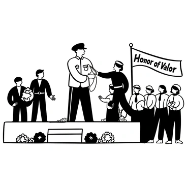 A soldier in military uniform standing at attention on a raised platform during a solemn ceremony. A figure in a formal suit presenting a "Medal of Honor" to the soldier, who is gazing forward. Several rows of people in the audience are dressed in formal attire, with some holding small flags. In the background, a large banner displays "Honor and Valor." There are decorative elements like flowers and wreaths arranged at the base of the platform.