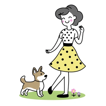 A pin-up girl with wavy hair is playfully posing in a sunny park. She is wearing a polka dot dress with a fitted waist and flared skirt, revealing her retro style. Beside her is a small dog with brown and white fur, looking up at her as they interact. The park is filled with green grass, and there are a few scattered flowers in vibrant colors around them. The sun casts soft shadows on the ground, adding a warm glow to the scene.
