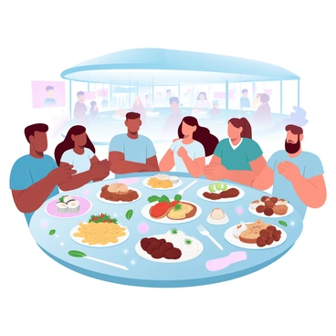 A family is gathered around a large table filled with a variety of dishes from different cuisines. There are vibrant plates of pasta, colorful sushi rolls, fragrant curries, and fresh salads. Each dish is beautifully presented and overflowing with food. The table is adorned with decorative napkins and utensils. Behind them, a bustling food court atmosphere is evident, with various stalls visible in the background and patrons enjoying their meals. The overall scene captures a lively and festive atmosphere of sharing and enjoying diverse foods together.