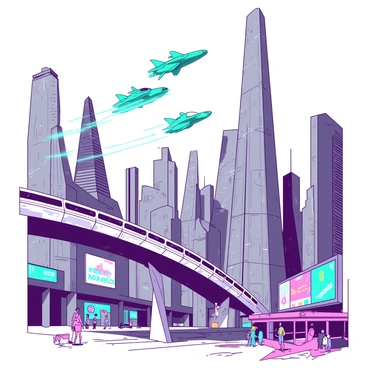 A vibrant futuristic cityscape filled with towering gray skyscrapers that stretch towards the sky. The buildings have sleek, angular designs and are adorned with bright neon lights in various colors. In the air, multiple teal flying cars zip through the skyline, leaving trails of light behind them. The streets below are alive with the activity of pedestrians and robots, with billboards flashing advertisements in a colorful display. A monorail glides smoothly above the ground, connecting different parts of the bustling city.