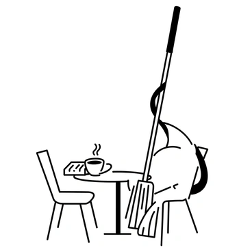 A mop sitting at a cafe table, sipping coffee and reading a book