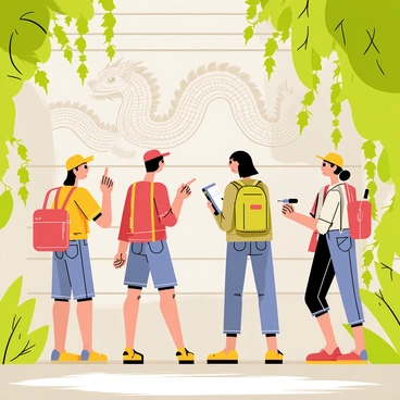 A group of four explorers is standing in front of ancient ruins, captivated by the intricate dragon carvings etched into the stone walls. The ruins are partially hidden by overgrown green vines and foliage, creating a sense of mystery. Sunlight filters through the trees, casting dappled shadows on the ground. The explorers are equipped with backpacks and binoculars, examining the carvings closely. One of them points at a particularly detailed dragon while another takes notes in a sketchbook. The atmosphere is filled with excitement and curiosity as they uncover the secrets of the past.
