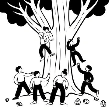 A group of children gathered around the trunk of a tall fig tree, engaged in playful activities. Some children are climbing the tree, reaching for the branches, while others are playing tag on the ground, their arms raised in excitement. The trunk of the fig tree is wide and textured, with deep grooves and a rugged appearance. Fallen fig leaves and small fruits litter the ground, adding to the scene. The children are wearing various outfits, showcasing different patterns and styles, embodying a lively atmosphere of joy and innocence. The sunlight filters through the leaves, casting playful shadows on the ground.