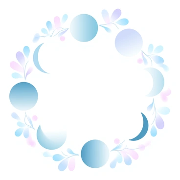An illustration featuring a series of moon phases arranged in a circular pattern. The moon phases include the new moon, waxing crescent, first quarter, waxing gibbous, full moon, waning gibbous, last quarter, and waning crescent, each depicted in soft gradient pastel colors. Surrounding the moon phases is a symbolic representation of a woman’s monthly cycle, illustrated with a series of delicate floral motifs and flowing lines that connect each phase. The floral motifs are drawn in complementary pastel colors, creating a harmonious visual balance.