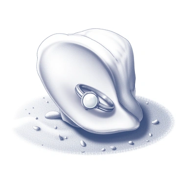A pearl engagement ring nestled inside an open seashell on a sandy beach