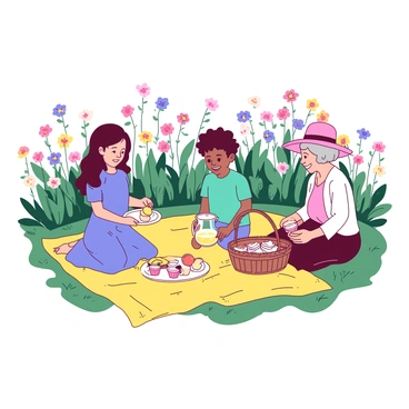 A vibrant meadow filled with wildflowers in various colors. In the center of the meadow, there is a yellow picnic blanket spread out on the grass. A diverse group of three characters is seated on the blanket. One character is a girl with long brown hair wearing a blue dress, holding a white plate filled with fruits. Another character is a boy with curly black hair, wearing a teal shirt, pouring lemonade from a glass pitcher into clear cups. The third character is an elderly woman with gray hair tied back, wearing a pink hat, smiling as she unpacks a basket filled with sandwiches. Surrounding the picnic scene, wildflowers bloom in bursts of color, adding to the cheerful atmosphere.