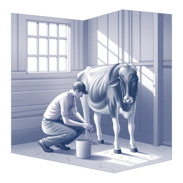 A farmer is crouched beside a cow in a rustic barn. The farmer is focused on the task of milking, with one hand grasping a traditional metal bucket placed on the ground. The barn walls are made of weathered wooden planks, adding to the rustic atmosphere. Sunlight streams through the wooden slatted windows, casting intricate shadows across the straw-covered floor. The cow, calm and sturdy, is tethered to a post, and its coat exhibits texture under the light filtering in from outside.