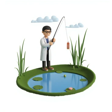 A scientist with short hair and wearing a white lab coat stands by a serene pond. The scientist has glasses and is focused on fishing, holding a fishing pole in one hand. The fishing line is cast into the water, and the bait is clearly labeled with a tag that reads "research gap." Nearby, there are tall grasses along the pond's edge and a few lily pads floating on the surface. The sky above is clear with a few fluffy clouds.
