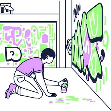 An urban street features a variety of graffiti art on the walls, showcasing intricate designs and vibrant patterns. In the foreground, a young artist with short hair is crouched down, focused on adding their own piece of art to the wall. The artist is holding a spray can in one hand, with vibrant paint drips visible on the ground. Their clothing is casual, consisting of a t-shirt and jeans. In the background, other graffiti pieces can be seen, including abstract shapes and stylized characters, creating a dynamic and lively atmosphere.