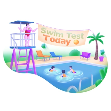 A lifeguard wearing a red swimsuit and a whistle around their neck is standing on a tall observation chair at a public swimming pool. The lifeguard is intently watching a group of children swimming in the pool below. The pool is surrounded by colorful poolside chairs, and there are palm trees in the background. A large banner hangs above the pool area, displaying the words "Swim Test Today" in bright, cheerful letters. Sunlight glimmers off the water's surface, and a few people can be seen lounging on the chairs nearby.