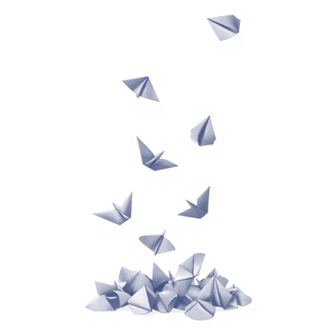 A multitude of origami petals cascading down from the sky. Each petal has intricate folds and sharp edges that create a delicate texture. They appear to float gracefully as they descend, some landing softly on the ground while others are caught in a gentle breeze. The scene conveys a sense of movement and lightness as the petals create a natural carpet below, forming a layer of folded paper that contrasts with the surrounding area.