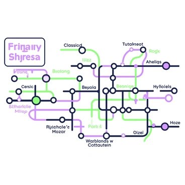 A subway map is displayed with multiple lines connecting various stations. Each station is labeled with titles reflecting different music genres such as "Jazz," "Rock," "Classical," and "Hip-Hop." Additionally, several stations are named after famous musicians, including "Beethoven," "Beyoncé," and "Mozart." The lines on the map are intertwined, creating a complex structure with circles indicating stations. A legend is present in the corner, explaining the different routes and colors associated with each music genre and artist.