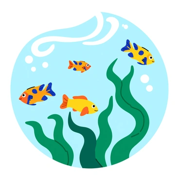 A variety of tropical fish in vibrant colors weaving in and out of dancing strands of green seaweed. The fish display a mix of patterns, with some having bright blue and orange scales while others are yellow with black spots. The seaweed sways gracefully in the water, creating a flowing movement. Bubbles rise around the fish, adding to the dynamic underwater scene. The light filters through the water, casting shimmering reflections on the fish and seaweed.
