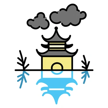 A historic Chinese pagoda partially submerged by floodwaters, with storm clouds above