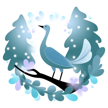 A lyrebird is standing gracefully on a branch in a dark forest. The bird has a long, elegant tail that displays intricate feather patterns. Surrounding the lyrebird are numerous fireflies, each glowing softly and casting gentle lights that illuminate the scene. The background consists of tall trees with varying shades of deep green. A sense of tranquility is conveyed as the fireflies dance around the lyrebird, creating a magical atmosphere.